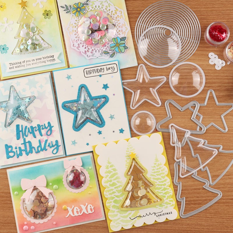 CYFUN DESIGN 50 Pcs Circle Stars Christmas Trees Shaker Domes for Card Making, 5 Shape Peel-Away Adhesive Clear Plastic Dimensional Domes for Shaker Card Paper Crafting Shaker Window Blister Puffy Shaker Covers - Image 4